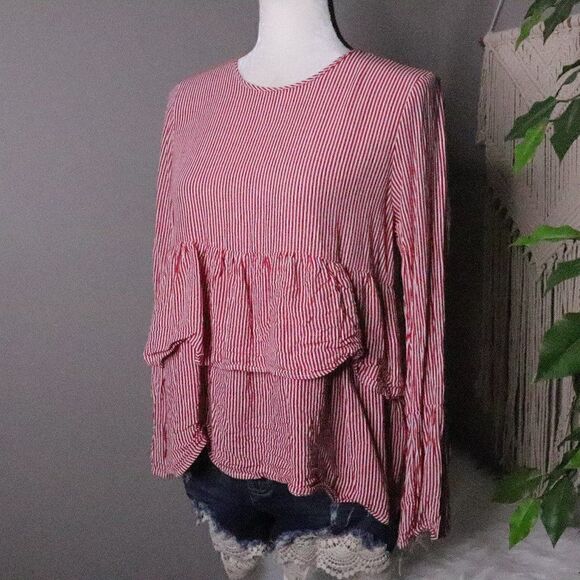 Zara | Pinstriped Ruffled Long Sleeve Top Medium - Picture 1 of 7